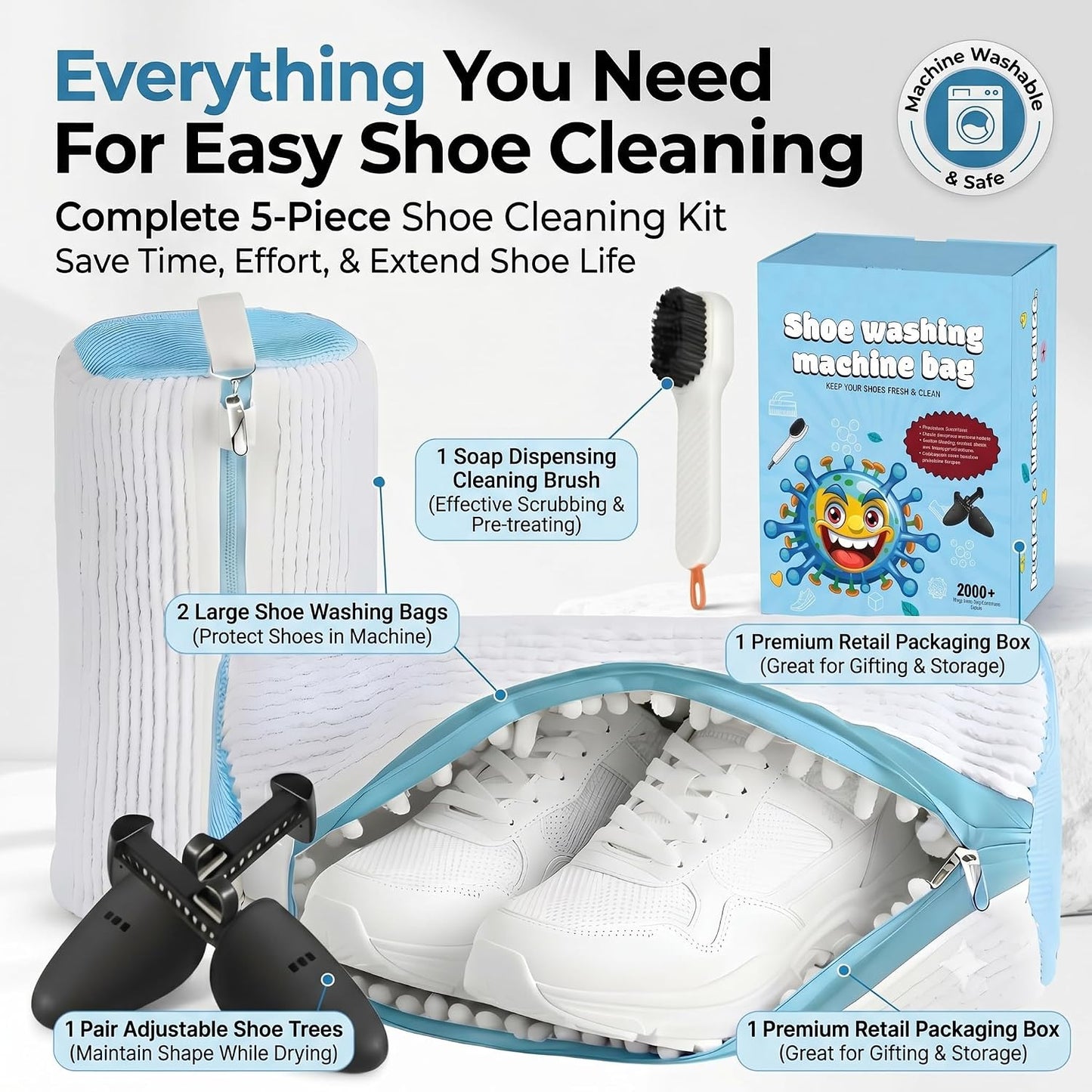 Shoe Washing Machine Bag with Brush & Trees Reusable Laundry Shoe Bag Set | 2pc Reusable Sneaker Washing Bag Kit with Zip Protection shoe cleaning bag 3k chenille material 360 deep Clean Shoe Wash Bags
