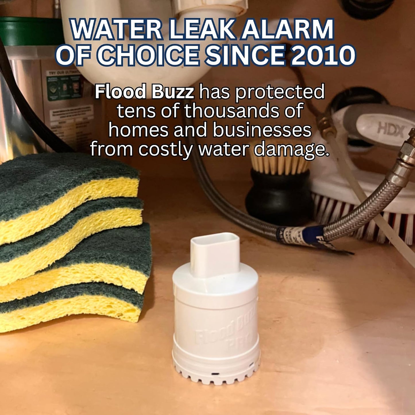 Flood Buzz Pro Water Leak Detectors for Homes & Businesses - 4-Pack | No Setup Required - 110db alarm - Under Sink, Toilet, Basement, Attic, RV, Water Heater, Dishwasher - Reusable Alarm