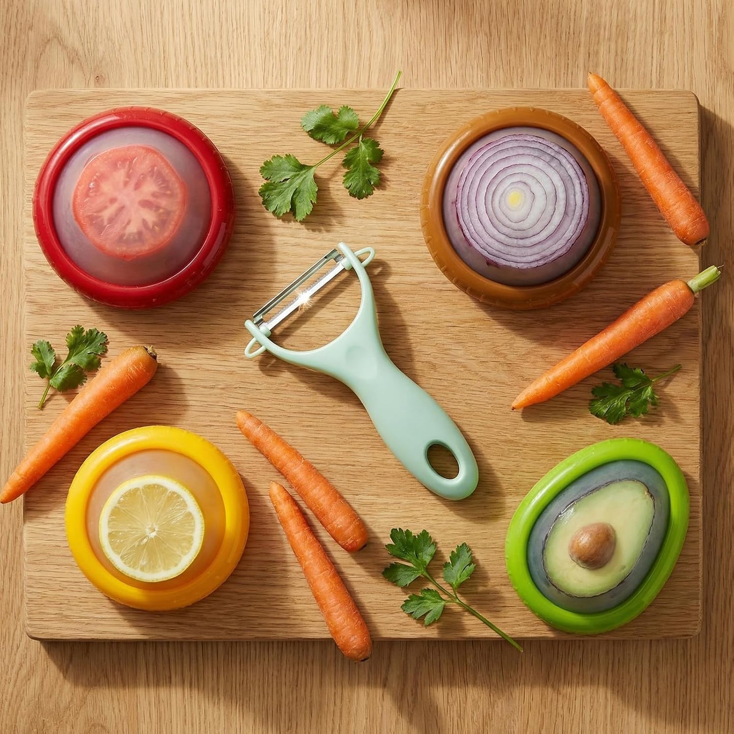 Avocado Saver for Fridge, 5-Piece Produce Saver Set with Peeler | 4 reusable silicone storage pods plus 1 fruit peeler for avocado, tomato, onion and lemon, ideal for office snacks or camping