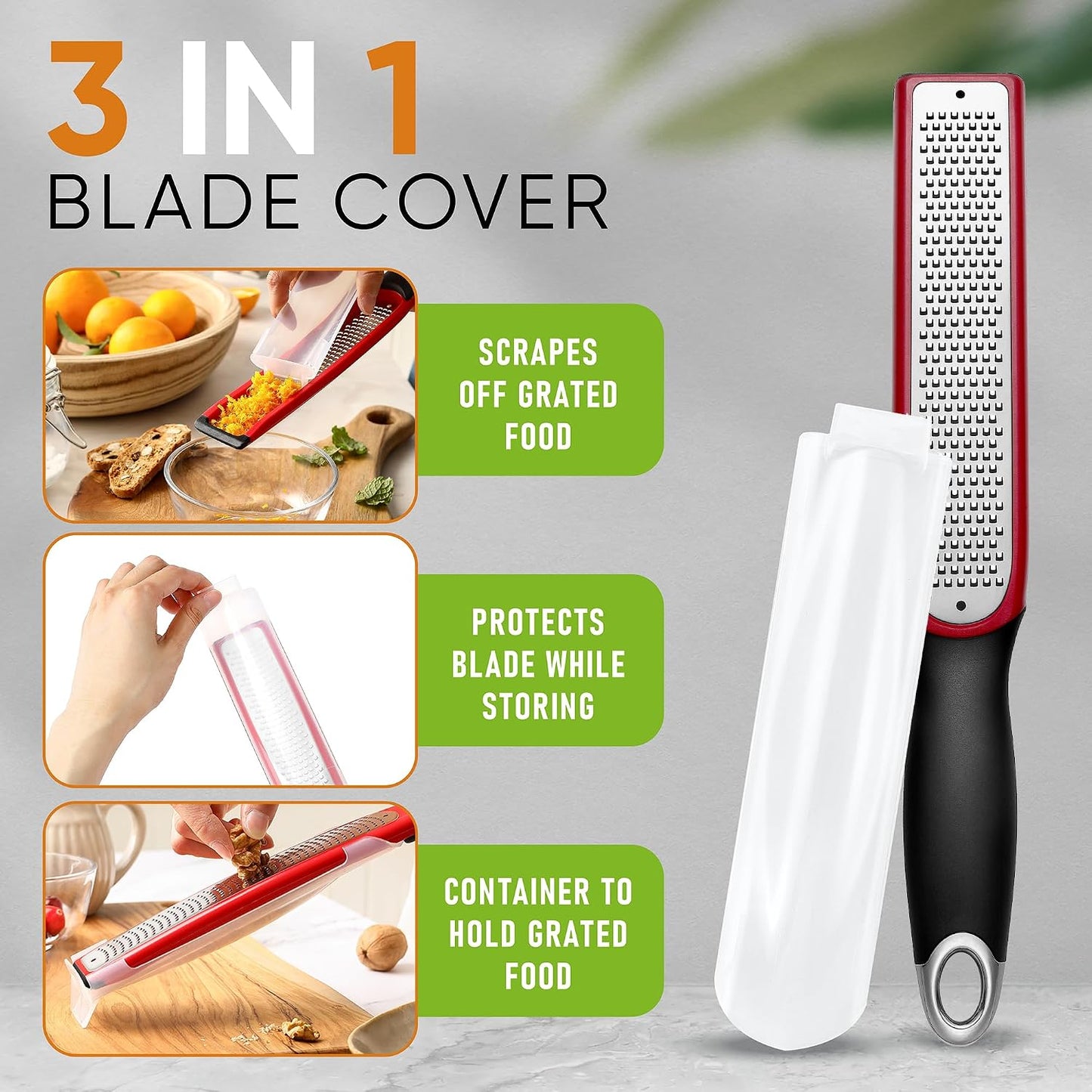 Spring Chef Stainless Steel Lemon Zester - Garlic & Ginger Grater - Gray | Premium Zester with Blade Cover, Cheese Grater with Handle for Parmesan, Nutmeg, Lime - Durable Citrus Zester, Fine Shred