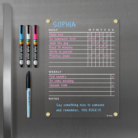 Magnetic Acrylic Chore Chart for Fridge 9” x 12”, Clear Wet Erase Refrigerator Task Board, Minimalist Routine Planning Board, Includes 4 Magnetic Markers, Black Corner Magnets