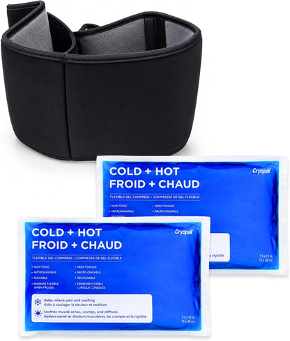 Cold and Hot Therapy Wrap, Black, Latex-Free, Non-Toxic, for Back, Abdomen, Hip, Sports Injury Prevention, Recovery (Back/Abdomen). kit Includes Flexible Gel Compress, Sleeve and Strap.