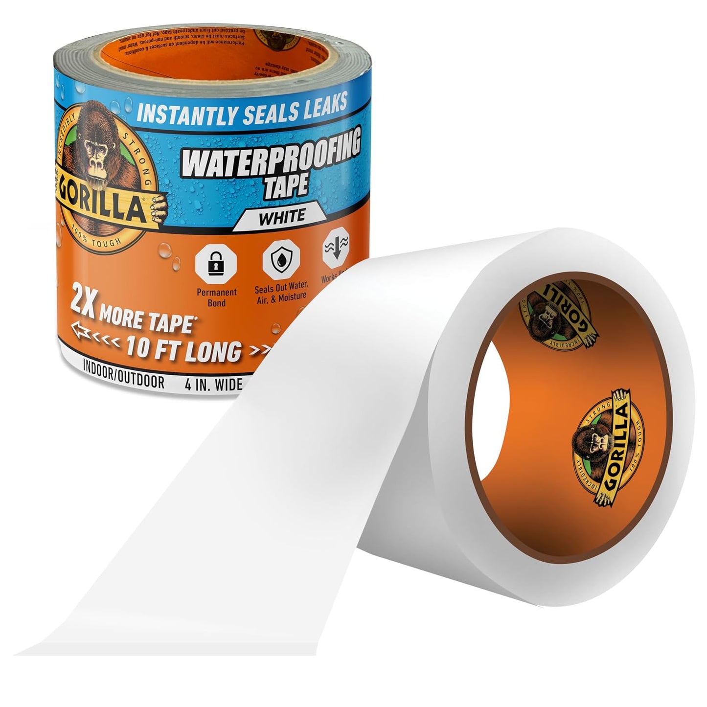 GORILLA Waterproofing Tape, Permanent, White, 4" x 10 | Weather Resistant for Leaks and Repairs, Conforms to All Surfaces, UV and Moisture Resistant Backing