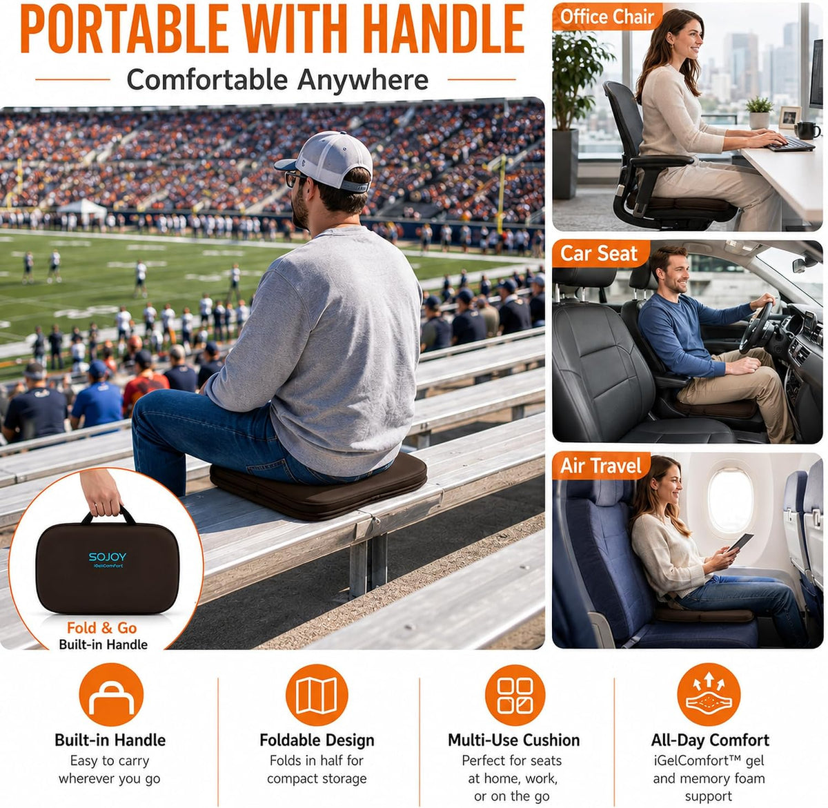 Sojoy iGelComfort 3 in 1 Foldable Gel Seat Cushion Featured with Memory Foam (A Must-Have Travel Cushion! Smart, Easy Travel Cushion) (Size: 18.5“ x 15" x 2")