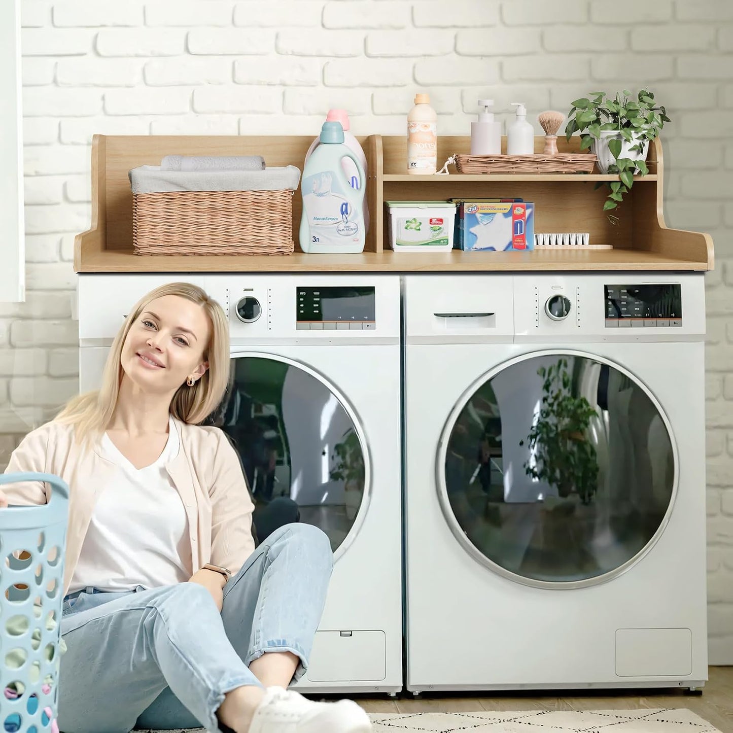 DTK Washer Dryer Wood Countertop with Shelf, Laundry Topper with Non-Slip Mat,27.55" Depth x 54" Width Dryer Covers for The Top with Edge Rails, Black
