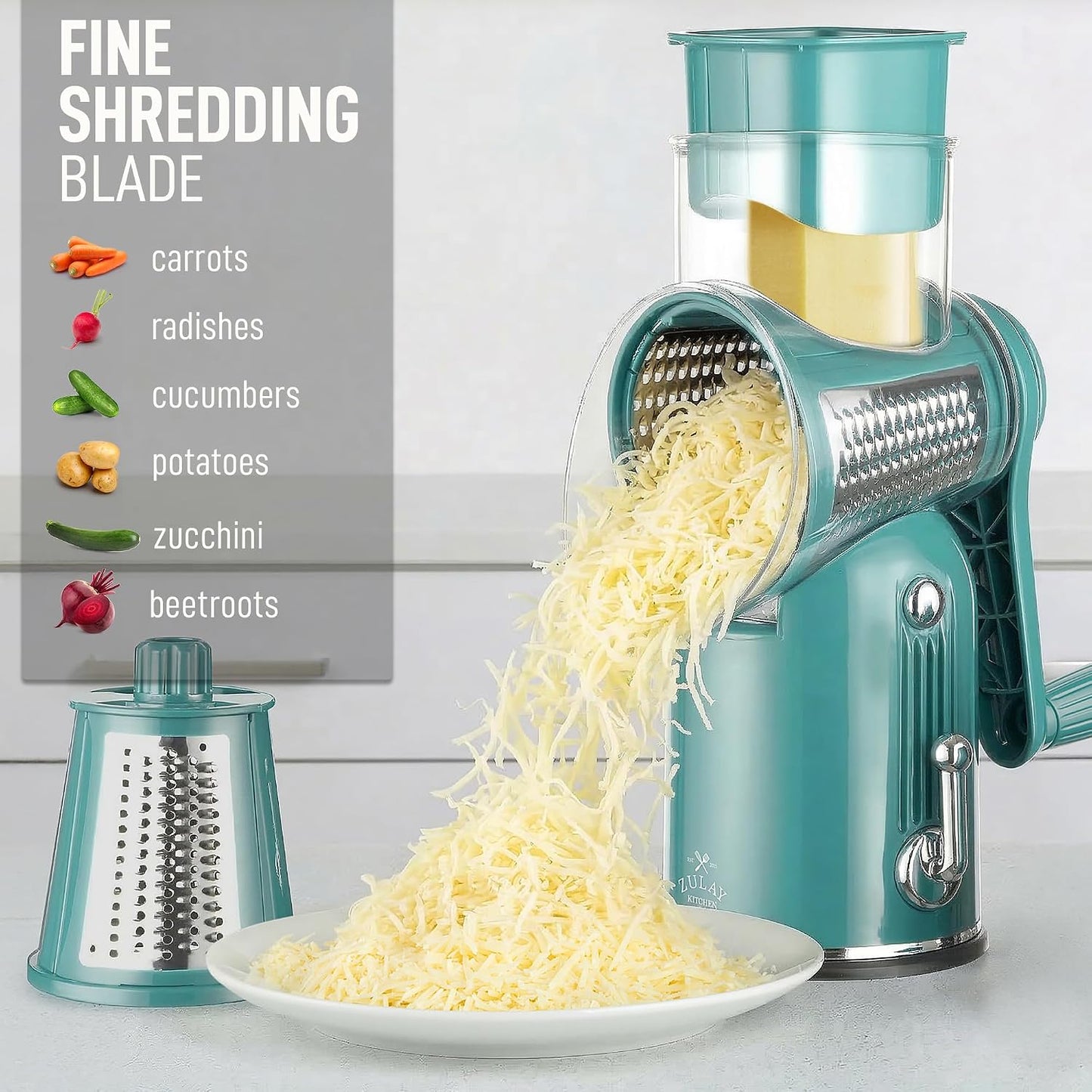 Zulay Kitchen Rotary Cheese Grater 5 Blade Cheese Shredder - Manual Hand Crank Cheese Grater With Reinforced Suction & 5 Interchangeable Drums - Easy to Use, Vegetable Chopper Round Mandoline Slicer - Colors B