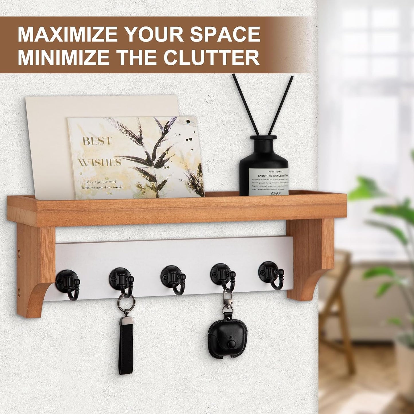 Key and Mail Holder Wall Mount, Mail Organizer with 5 Key Hooks | Key Holder with Shelf, Key Holder for Coat, Dog Leash, Home Decor Rack, Entry Way Organizer
