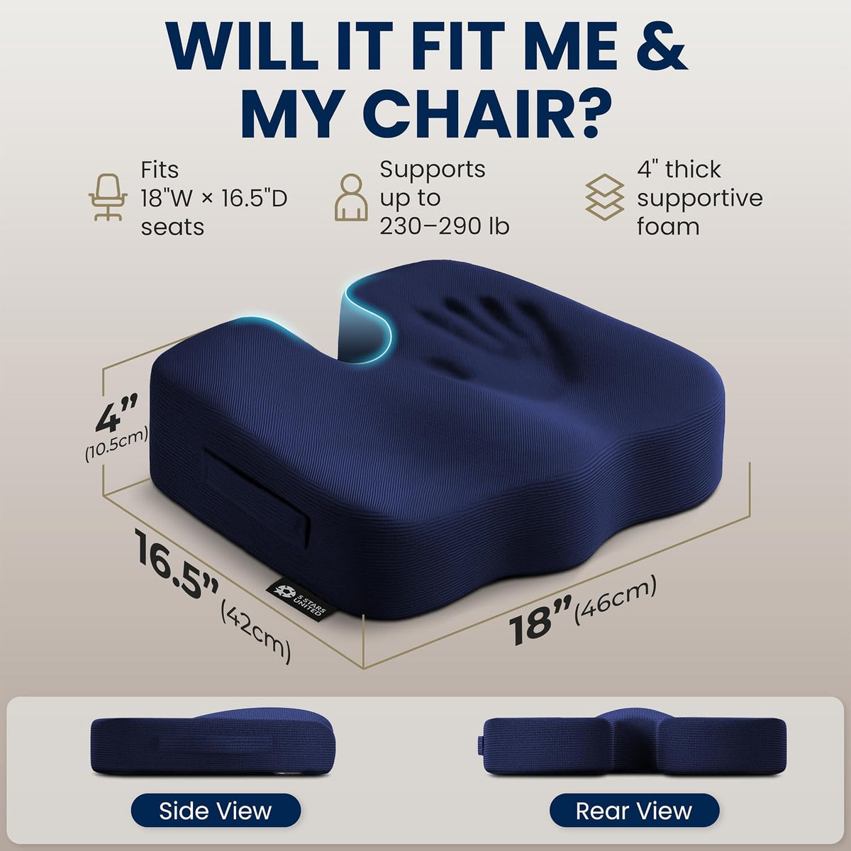 5 STARS UNITED Seat Cushion - Memory Foam Chair Cushion for Tailbone Pain Relief - Ergonomic Support for Coccyx, Sciatica & Butt - Office, Desk & Gaming Chair, Car Seat, Wheelchair, Airplane, Black