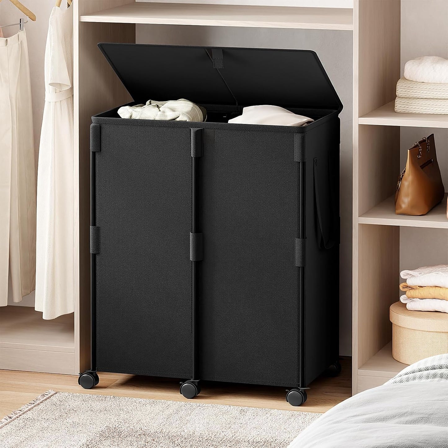 140L Double Laundry Hamper with Lid and 6 Wheels, Rolling Laundry Basket | Gasvadivum Metal Frame Laundry Sorter 2 Section with 2 Removable Bags, Large Clothes Cart for Bedroom, Bathroom, Black