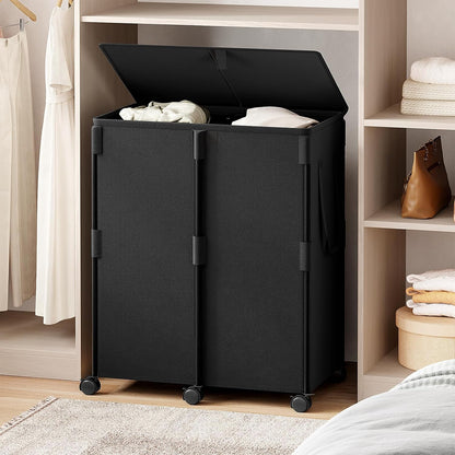 140L Double Laundry Hamper with Lid and 6 Wheels, Rolling Laundry Basket | Gasvadivum Metal Frame Laundry Sorter 2 Section with 2 Removable Bags, Large Clothes Cart for Bedroom, Bathroom, Black