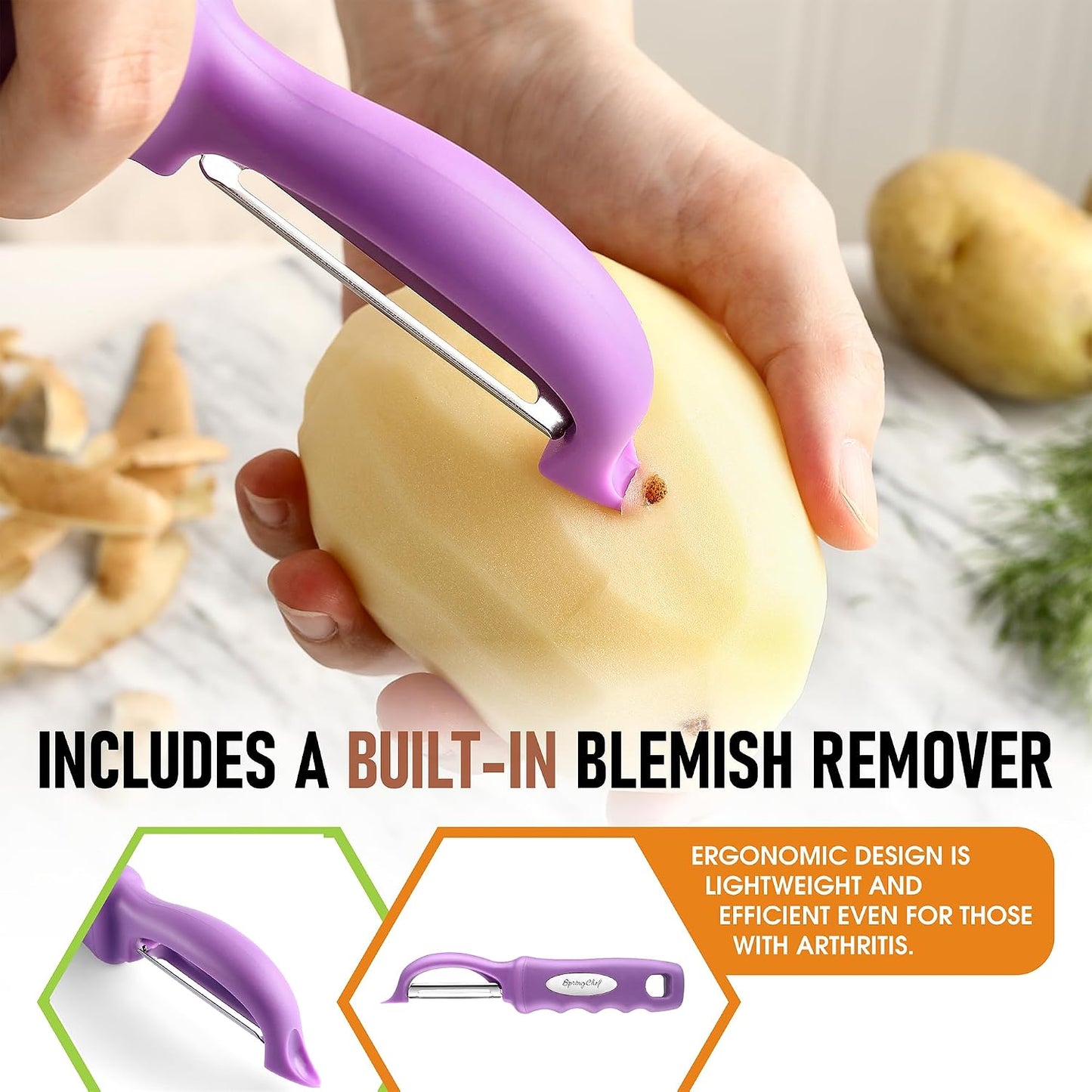 Spring Chef Swivel Potato Peeler for Kitchen w/ Soft Grip Handle, Mango | Premium Vegetable Peeler w/ Sharp Stainless Steel Blades, Multifunctional Food Peeler for Apple, Carrot, Cucumber, Fruit