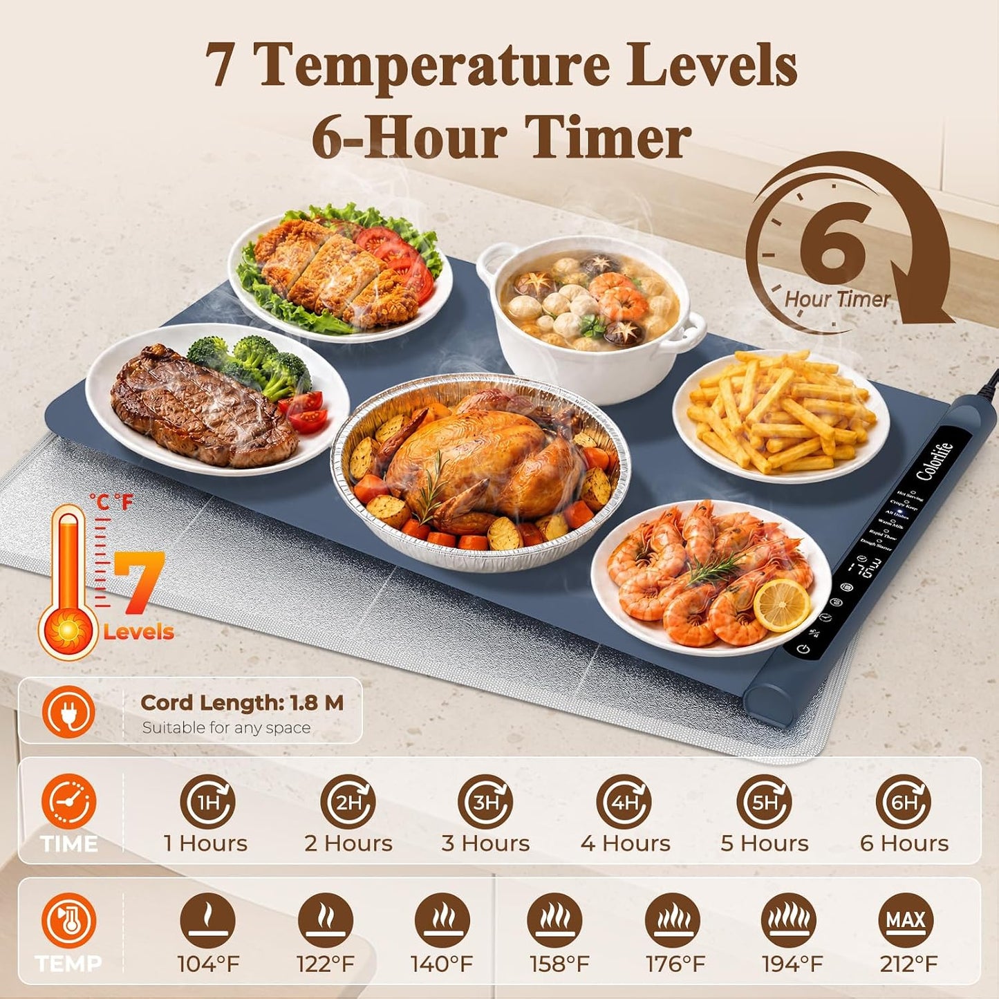 Warming Mat for Food, Electric Warming Tray with Heat-Resistant Pad-L Grey | Colorlife 6 Preset Modes, 7 Temps, 6H Timer, Child Lock, Auto-Memory, Rollable Silicone Food Warmer for Buffet, Parties