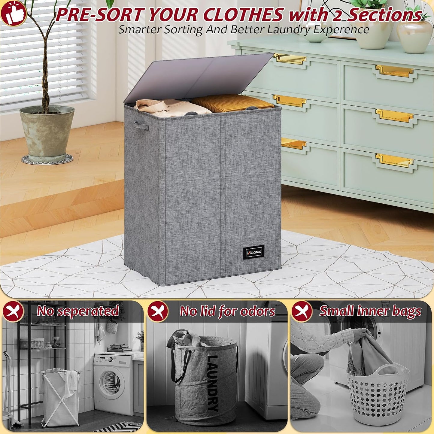 195L Laundry Hamper 3 Section,Large Laundry Hamper with Lid,Dirty Clothes Hamper with 3 Inner Bags,Collapsible Laundry Basket Organizer for Laundry Room,Bedroom,Laundry Sorter Hamper 3 Compartment