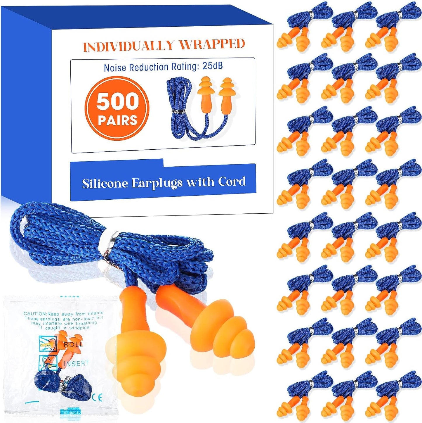 Relaxweex 500 Pairs Corded Ear Plugs Bulk 25dB NRR Reusable Silicone Ear Plug with String Individually Wrapped Earplugs for Sleeping Noise Reduction Hearing Protection Shooting Work (Blue Yellow)