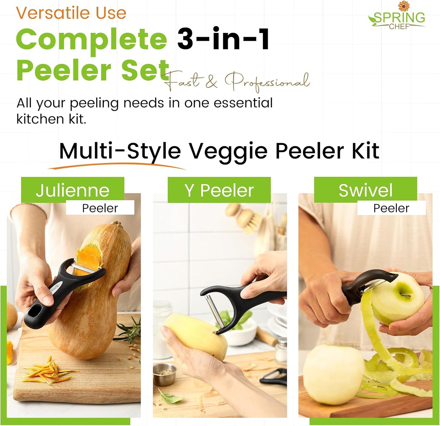 Spring Chef 3pcs Vegetable Peelers for Kitchen, Swivel, Y & Julienne Peeler | Premium Stainless Steel Potato Peelers with Soft Grip Handles, Ultra Sharp Blades for Fruits, Veggies, Apples, Carrots
