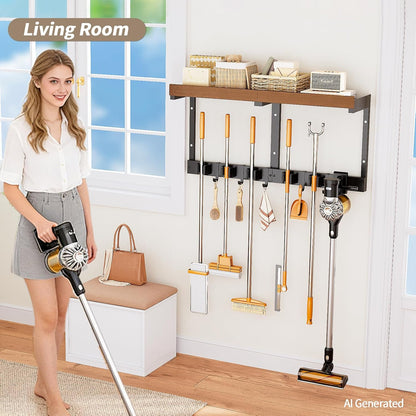 Broom and Mop Organizer Wall Hanging, Broom Hanger Holder Wall Mount | 3-in-1 Mop and Broom Holder Wall Mount with Storage Shelf & Vacuum Organizer,5 Racks,5 Hooks for Garage,Kitchen,Laundry Room
