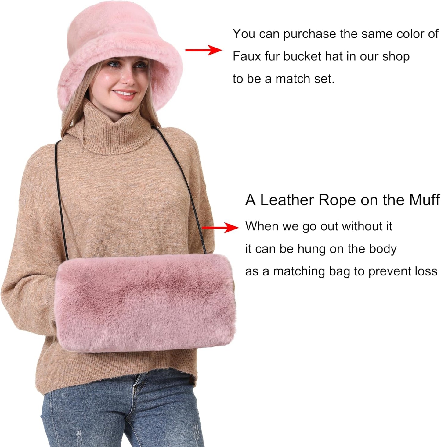 Faux Fur Hand Muff for Women Winter Hand Warm Warmer with PU Leather Strap