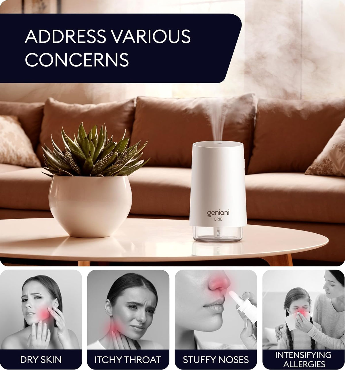 GENIANI Cool Mist Air Humidifiers for Bedroom, Plants, and Large Rooms - Quiet Humidifiers for Baby Room with Auto Shut Off & Night Light (3.9L, White)