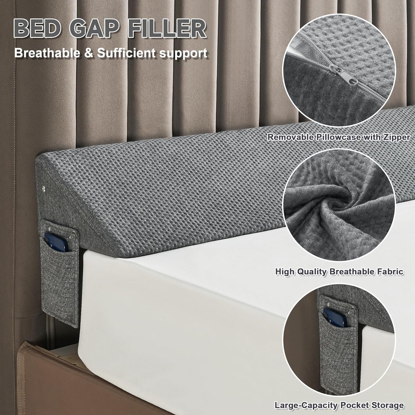 IFNOW Queen Size(60"x6"x10") Bed Wedge Pillow for Headboard, Mattress Gap Filler(0-8"), Bed Wedge for Gap Between Your Headboard and Mattress Dark Grey | High-Density Foam,Fills 0-8"Mattress Gap,Prevents Pillow & Items Falling,Works with Headboard or