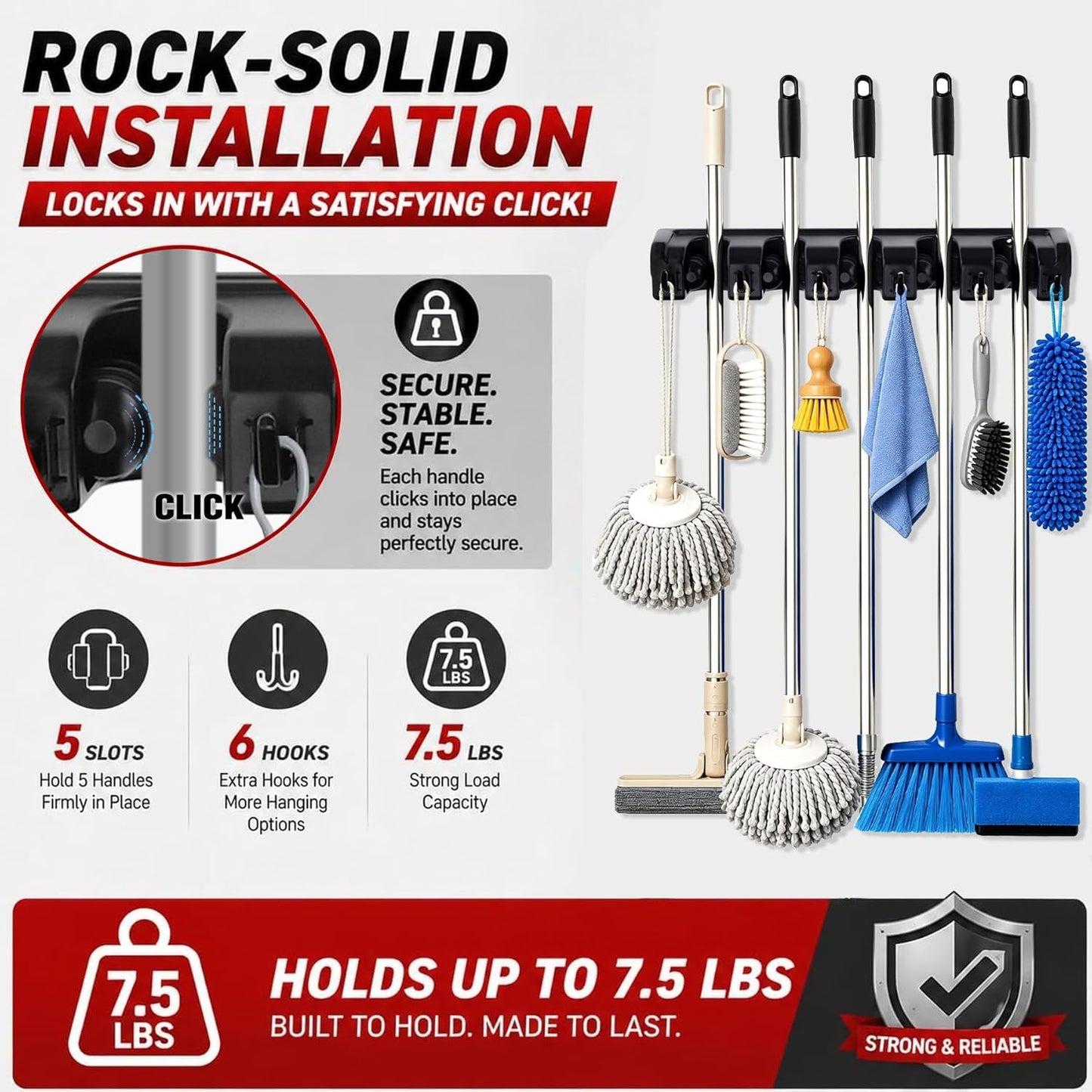 HYRIXDIRECT Broom Hanger Wall Mount Broom and Mop Organizer Wall Hanging Garden Tool Organizers Rack Garage Laundry Room Organizations and Storage with Hooks Heavy Duty