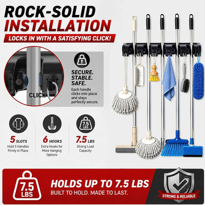 HYRIXDIRECT Broom Hanger Wall Mount Broom and Mop Organizer Wall Hanging Garden Tool Organizers Rack Garage Laundry Room Organizations and Storage with Hooks Heavy Duty
