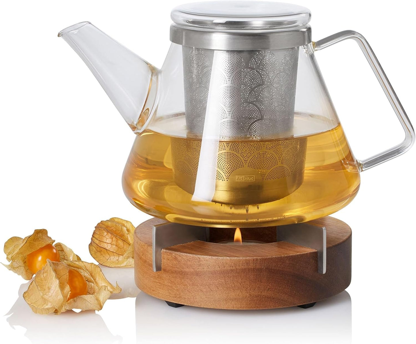 AdHoc Fusion Teapot With Tuto Warmer - Glass Teapot with Stainless Steel Infuser for Loose Tea Leaves - Heat-Resistant