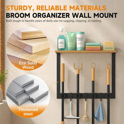 Broom Holder Wall Mount, Broom and Mop Organizer Wall Hanging with Solid Wood Frame,Organizer Rack Built with 4 Grippers & 3 Hooks; Broom Hanger Wall Mount for Laundry Room, Garages and Storage Room