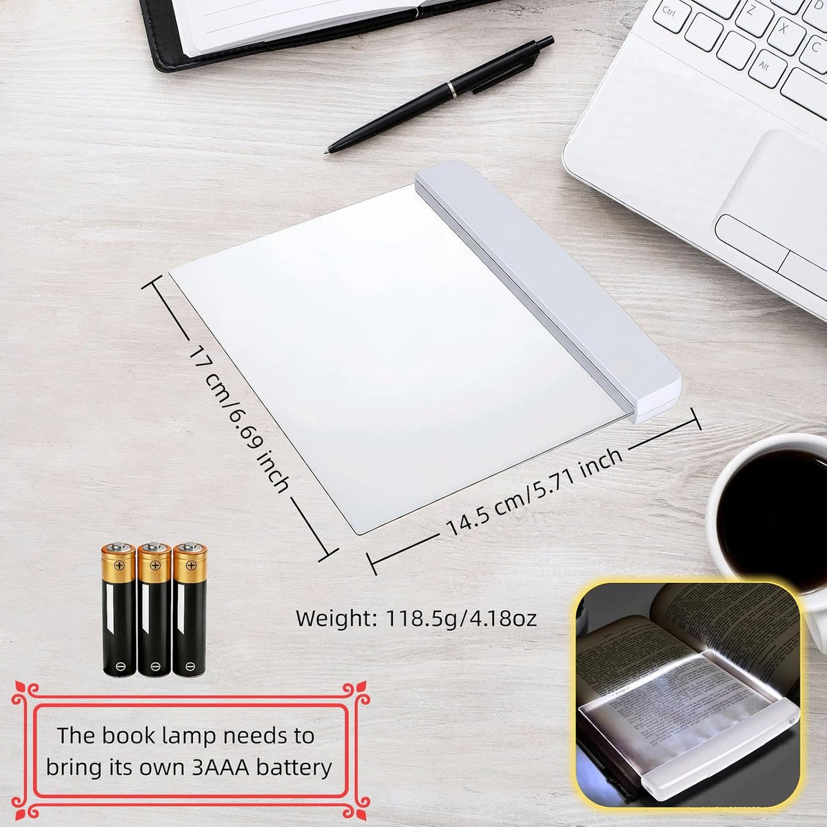Btolin LED Book Light Panel, Battery Powered Flat Reading Light for Books, Portable Wireless Page Light with Transparent Panel, 5.71x6.69 Inch, White