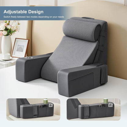 Reading Pillow for Bed with Adjustable Armrests and Side Pockets, Back Pillow for Bed Sitting Up, Sit Up Pillow, and Bed Pillows for Sitting Up, Ideal for Reading, Watching TV and Relaxing, Light Gray