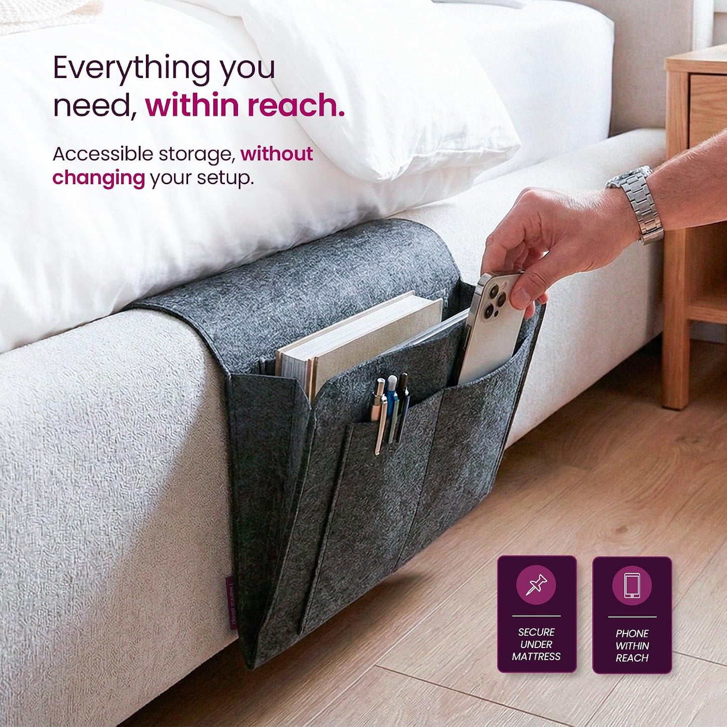 IWS Bedside Storage Caddy, Non-Slip Hanging Organizer with Easy Access Pocket for Phone, Tablet & Remote, Fits Queen & King Beds, Gray