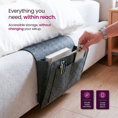 IWS Bedside Storage Caddy, Non-Slip Hanging Organizer with Easy Access Pocket for Phone, Tablet & Remote, Fits Queen & King Beds, Gray