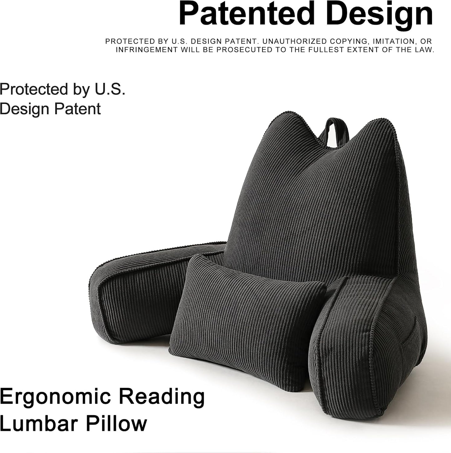 Patented Design Reading Pillow with Arms for Sitting Up, 2-in-1 Bed Rest Pillow with Detachable Lumbar Support, Backrest Support Cushion for Couch with Side Pockets & Handle, Beige Gray