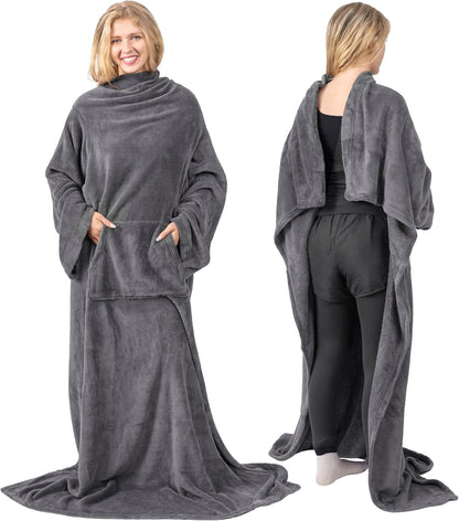 PAVILIA Blanket with Sleeves for Adult Women Men, Soft Warm Wearable Blanket Fleece Wrap Throw, Robe Blanket Gift