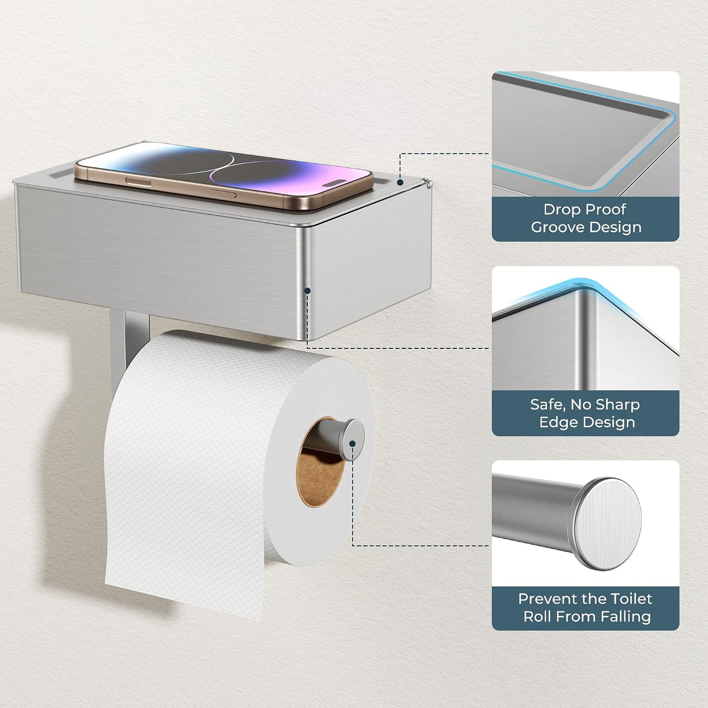 FORIOUS Toilet Paper Holder with Shelf, Wall-Mounted Modern Wipes Dispenser | Brushed Nickel | Toilet Paper Holder with Storage for Bathroom | Fits Wipes, Sanitary Napkin, Tampon | 8.0"x5.3" Large Shelf