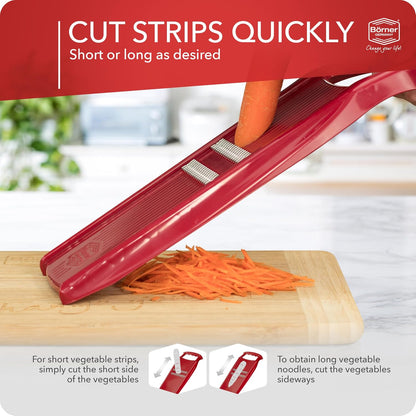Börner Roko PowerLine Vegetable Slicer Set (2-piece) • Fine Julienne Cutter for Fruit and Vegetables + Safety Guard • Julienne Slicer • Mandoline Slicer Set • Kitchen Slicer (Red)