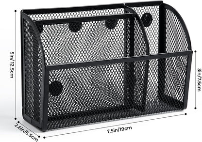 M&G Magnetic Pen Holder Dry Erase Marker Holder, Strong Magnet Metal Mesh Pencil Holder for Whiteboard, Refrigerator and Locker, 3 Compartments Magnetic Basket Organizer, Black