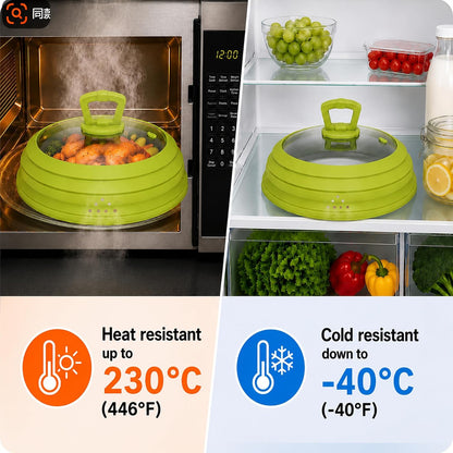 Collapsible Microwave Splatter Cover, Vented Glass Silicone Lid with Heat resistant Handle, Fit Plates Bowls Pots, Safe for Microwave Convection Oven Steamer Dishwasher（grey 11.8in）