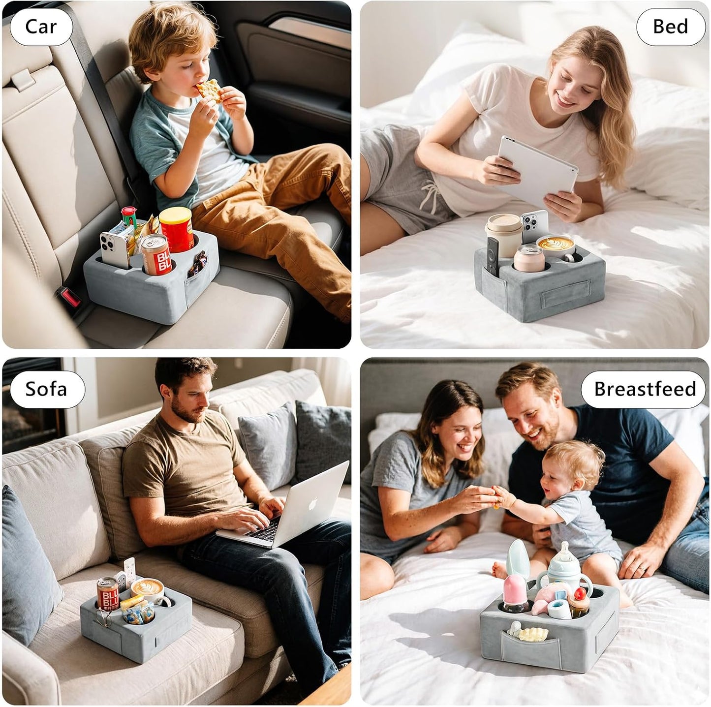 Luxspire Couch Cup Holder, Couch Caddy, 4 Holes, Gray | Couch Cup Holder Pillow Side Pocket and Handle, Couch Caddy Pillow for Phone/Drinks/Remote Control/Snacks