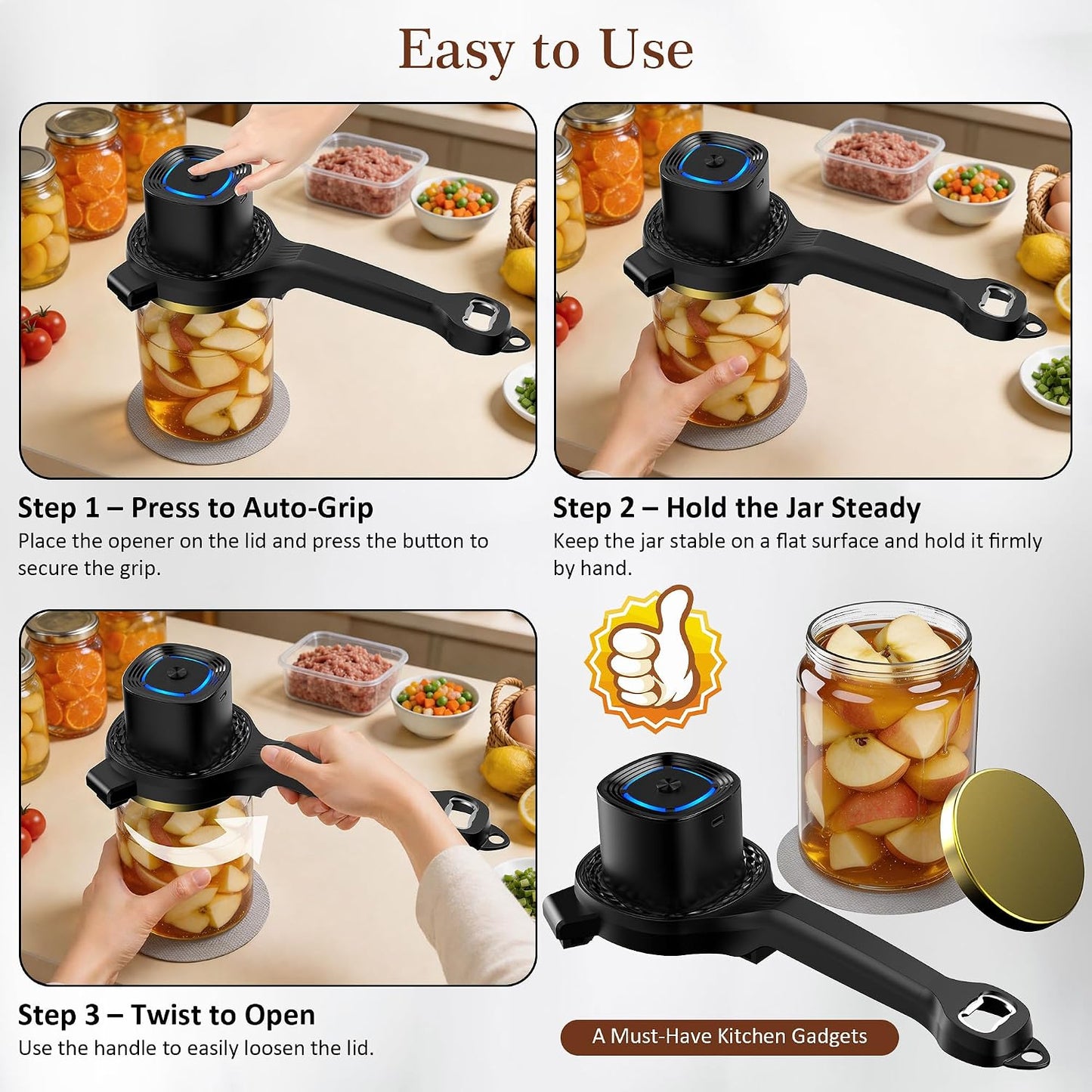 Electric Jar Opener for Seniors with Auto-Adjusting Gripper,Fit 1"-3.5" Cap | Rechargeable Jar & Bottle Openers for Weak Hands and Arthritis, Easy Twist Off Lid Opener with Rubber Gripper Pad，Red
