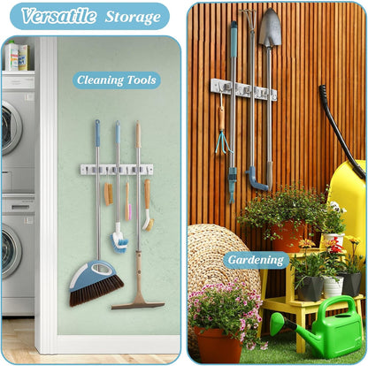 White Broom Holder Wall Mount - Heavy Duty Wood Mop and Broom Organizer with 5 Slots & 4 Hooks - Garden Tool Hanger for Laundry Room Closet Kitchen Garage Storage and Organization - Modern Home Decor