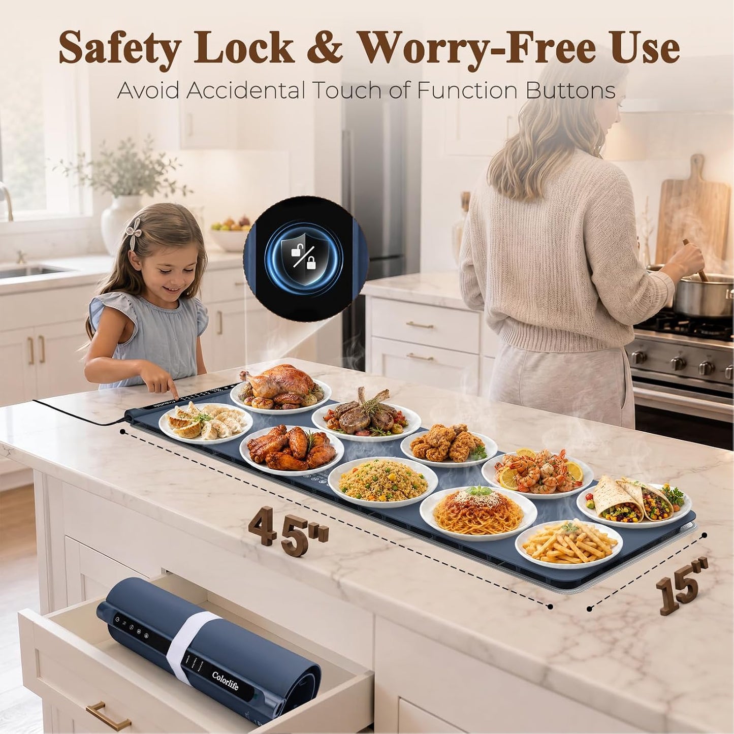 Warming Mat for Food, Electric Warming Tray with Heat-Resistant Pad-L Grey | Colorlife 6 Preset Modes, 7 Temps, 6H Timer, Child Lock, Auto-Memory, Rollable Silicone Food Warmer for Buffet, Parties