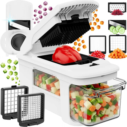 Fullstar Pro XL Vegetable Chopper & Mandoline Slicer w Pull-Out Catch Tray | 4 in 1 Veggie, Onion & Fruit Slicer, Dicer & Grater with Sharp Stainless Steel Blades - XL Food Prep Set (White)