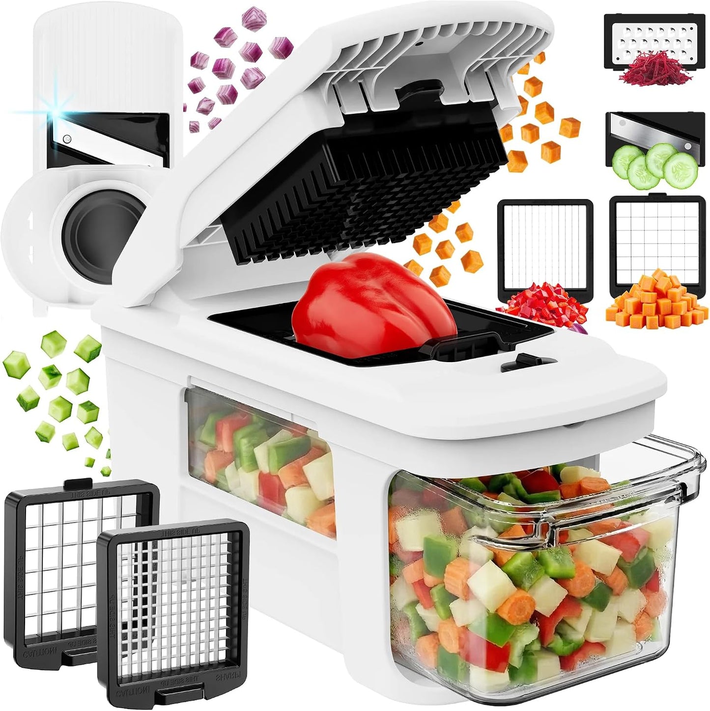 Fullstar Pro XL Vegetable Chopper & Mandoline Slicer w Pull-Out Catch Tray | 6 in 1 Veggie, Onion & Fruit Slicer, Dicer & Grater with Sharp Stainless Steel Blades - XL Food Prep Set (Black)