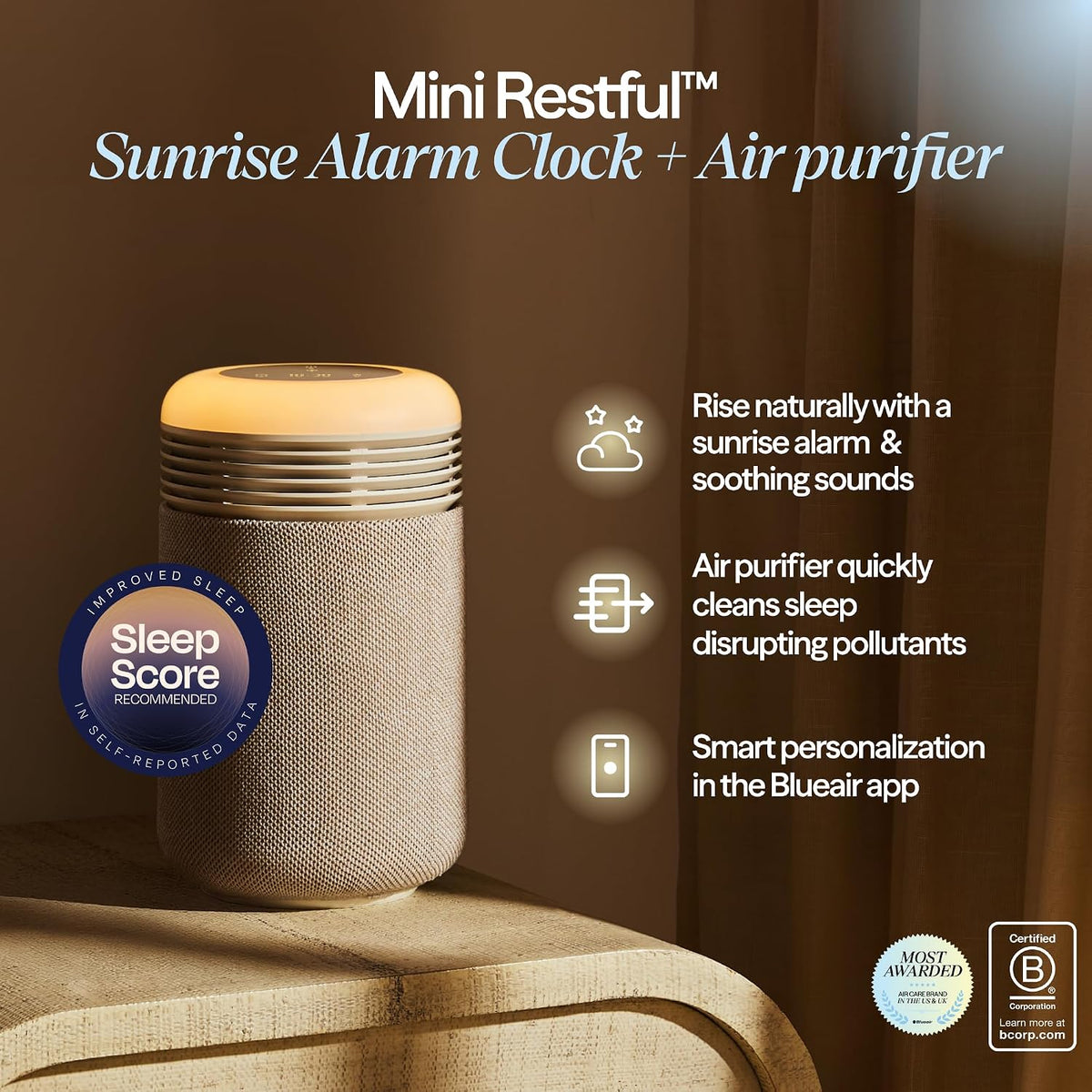 BLUEAIR Air Purifiers with Sunrise Alarm Clock for Home Bedroom Dorm, Beige