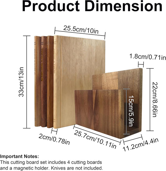 4 Pcs Book Cutting Board Set With Magnetic Knife Holder,Non Toxic Book Wood Cutting Boards With Labels,Made Of Four Different Solid Woods,Chopping Board For Kitchen Decoration (No Knives)(4)