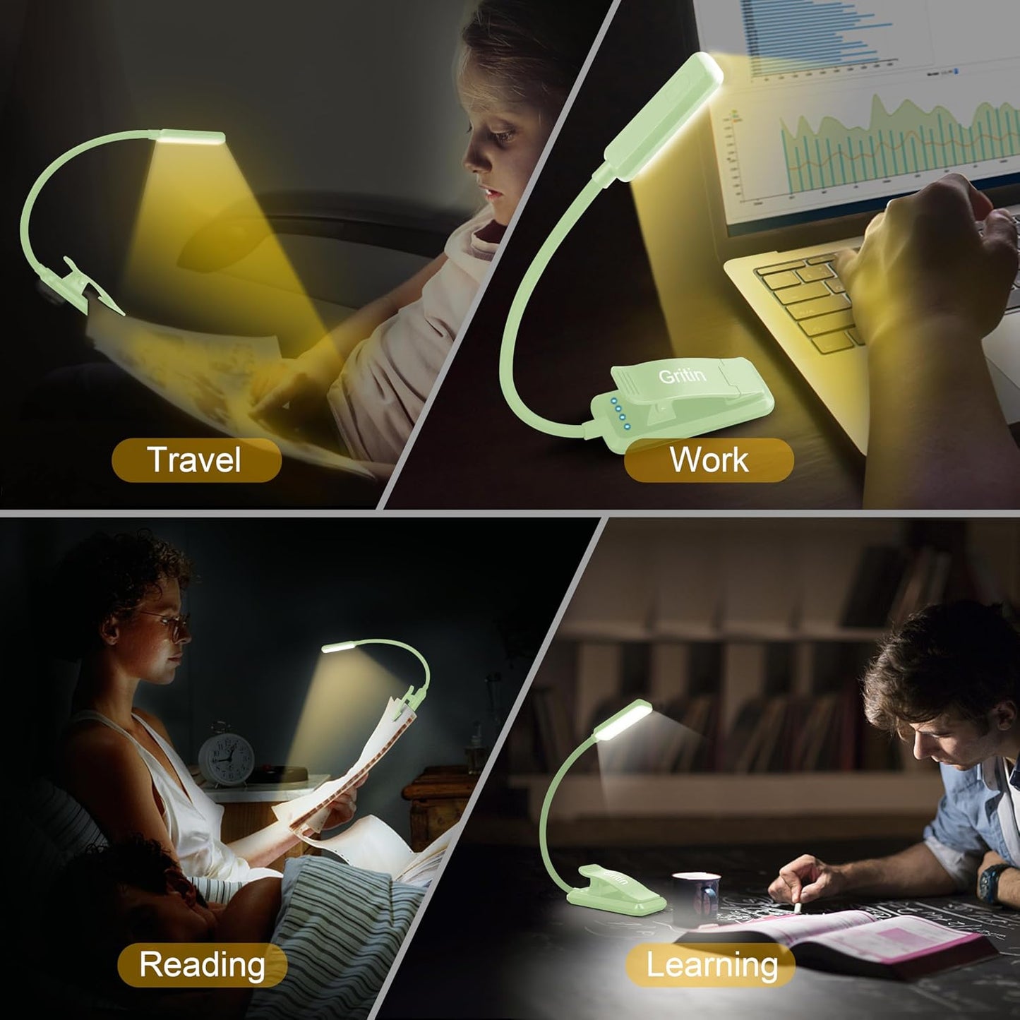Gritin 9 LED Rechargeable Book Light for Reading in Bed | Eye Caring 3 Color Temps,Stepless Dimming Brightness,80 Hrs Runtime Small Lightweight Clip On Book Reading Light for Studying