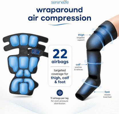 SereneLife Air Compression Leg Massager, Full Leg Massager with Heat and Compression, Ice Pack, Portable and Adjustable with 6 Modes 3 Vibrations 3 Intensities, 11 Airbags for Thigh Calf Foot Massage
