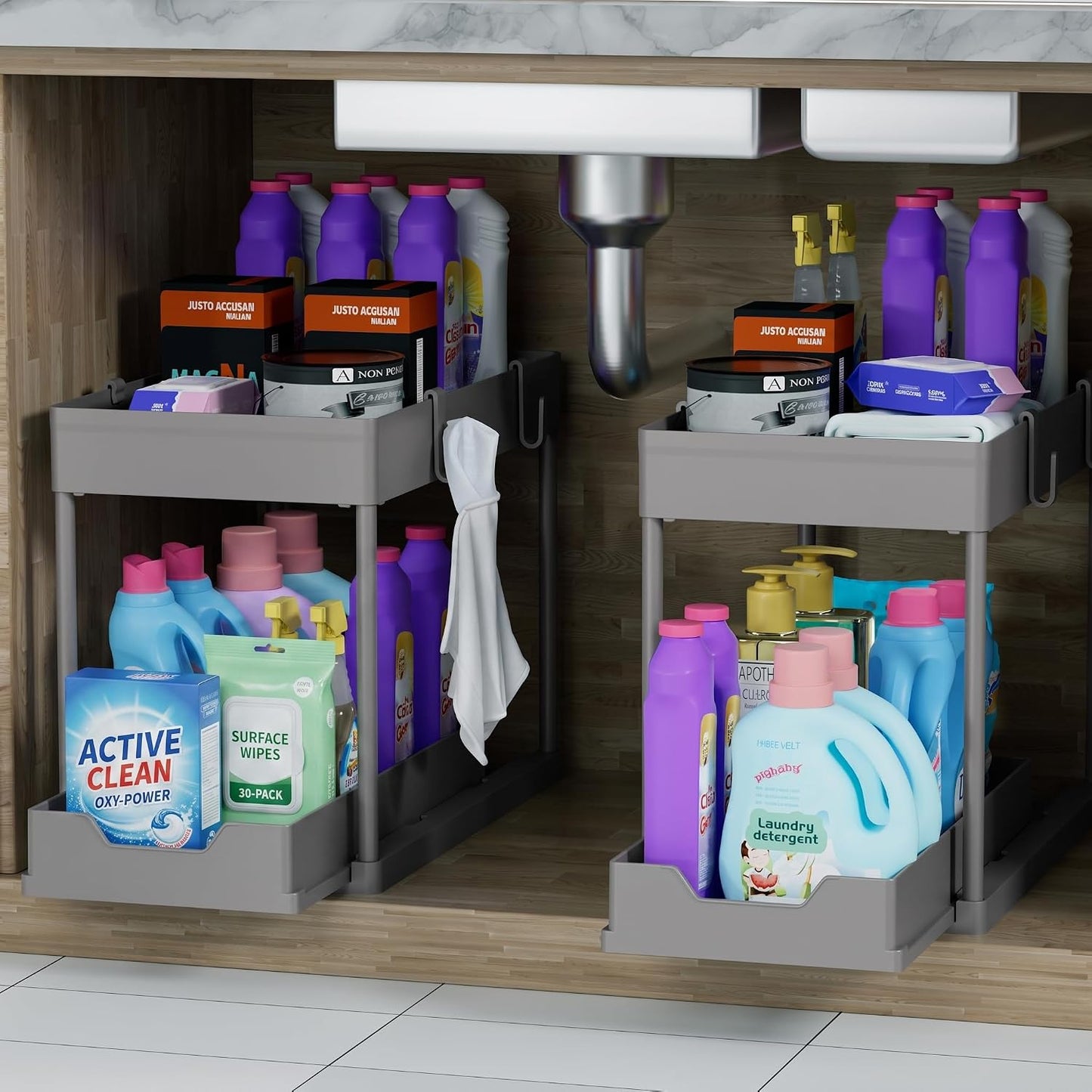 DEKAVA Under Sink Organizer 2 Pack, Bathroom Cabinet Organizer, 2 Tier Sliding Cabinet Basket Organizer Drawer, Multi-Purpose Bath Collection Baskets for Bathroom (Black)