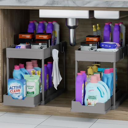 DEKAVA Under Sink Organizer 2 Pack, Bathroom Cabinet Organizer, 2 Tier Sliding Cabinet Basket Organizer Drawer, Multi-Purpose Bath Collection Baskets for Bathroom (Black)