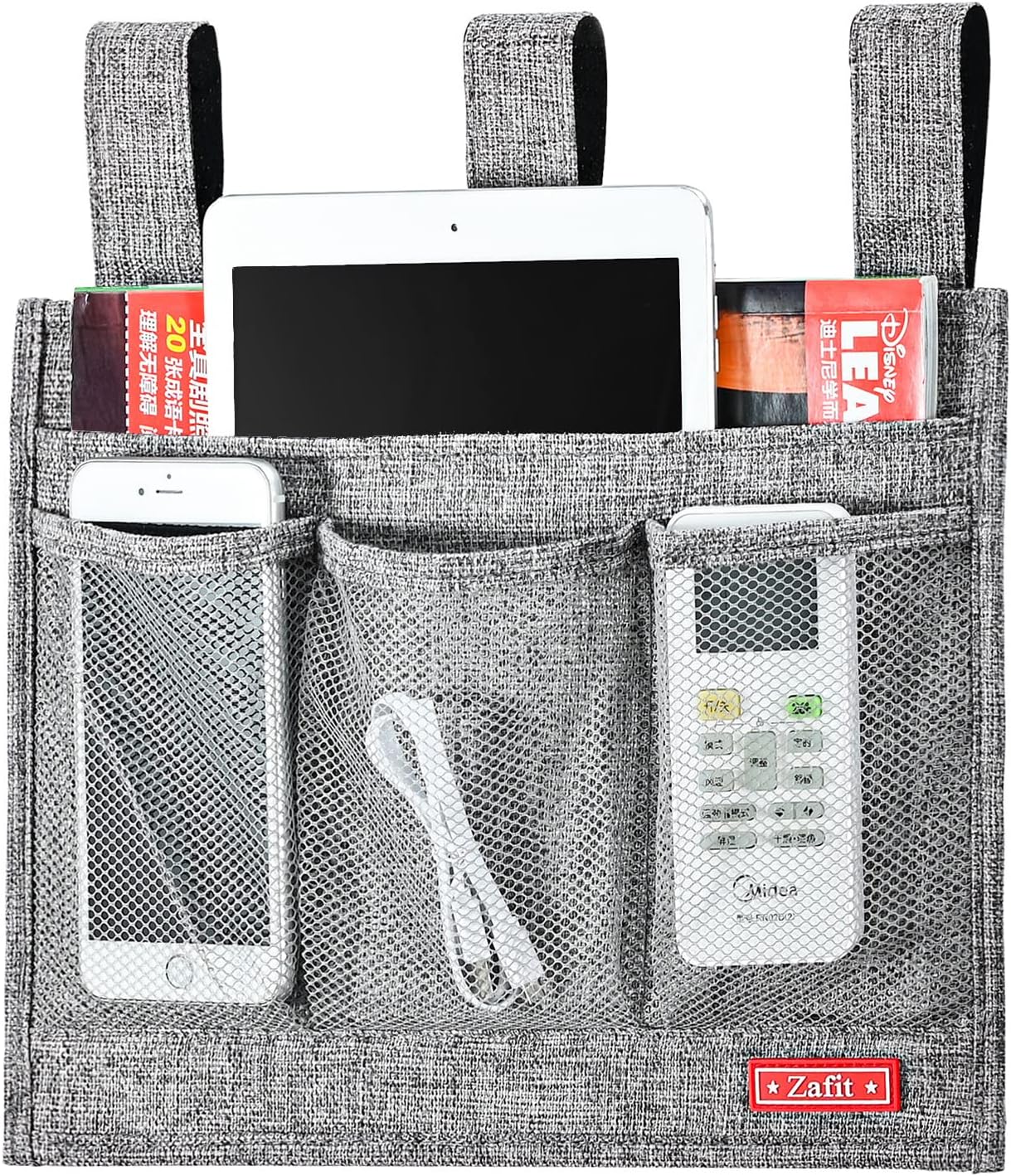 Zafit Linen Bedside Caddy, Bedside Storage Organizer for Hospital Beds, College Dorm Rooms or Baby Bed (4 Pockets-Black)